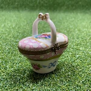 Vintage Limoges France Porcelain Handled Basket Trinket Box